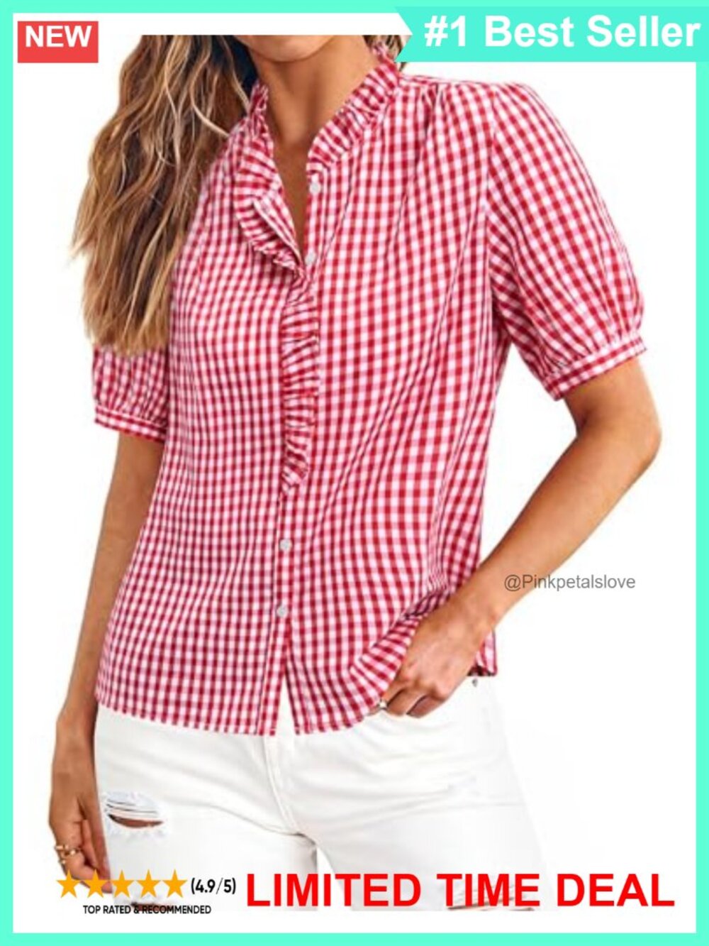 Button Down Gingham Shirt Ruffle V Neck Short Sleeve Blouse
